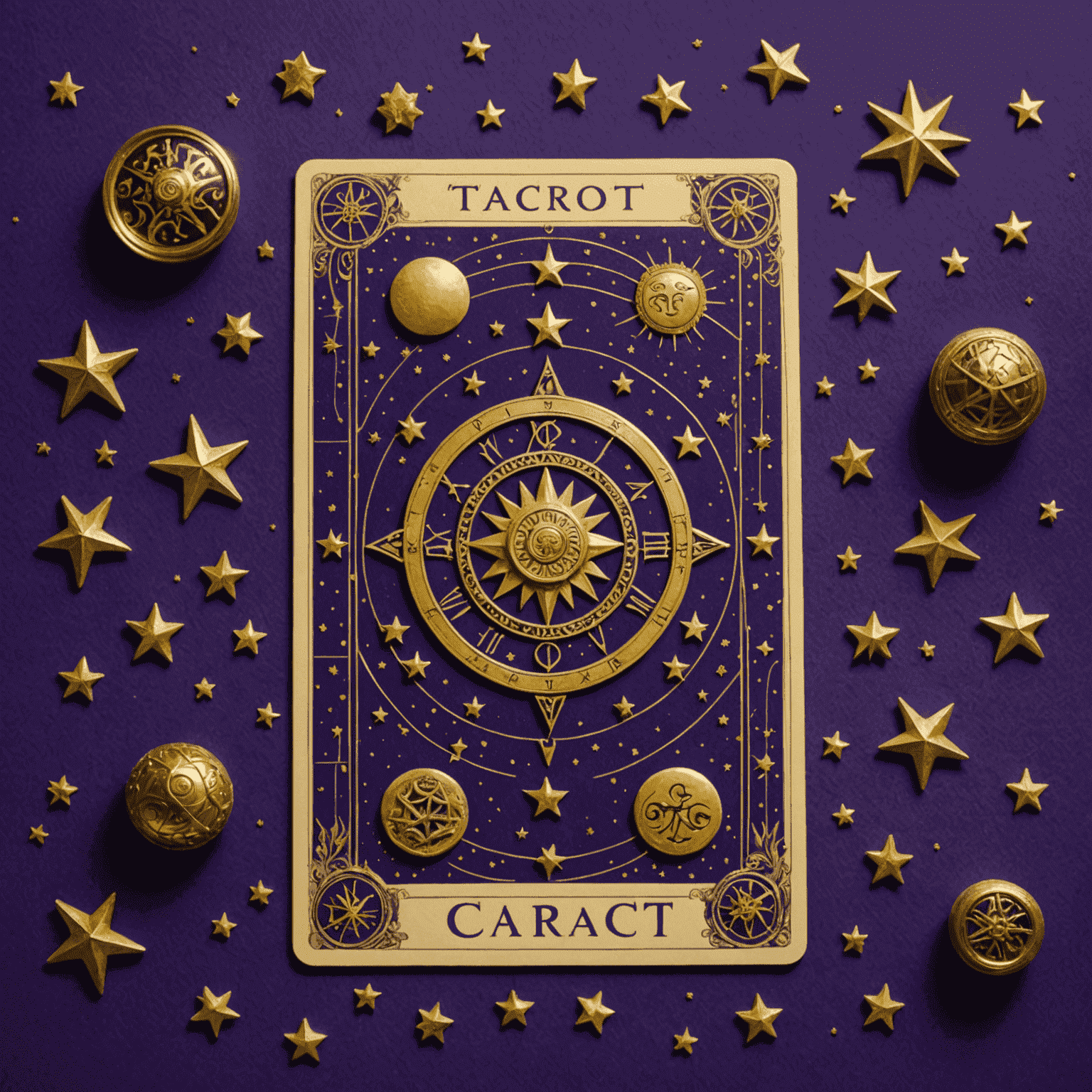 Tarot kártyák és zodiákus szimbólumok misztikus elrendezésben, lila háttér előtt arany csillagokkal